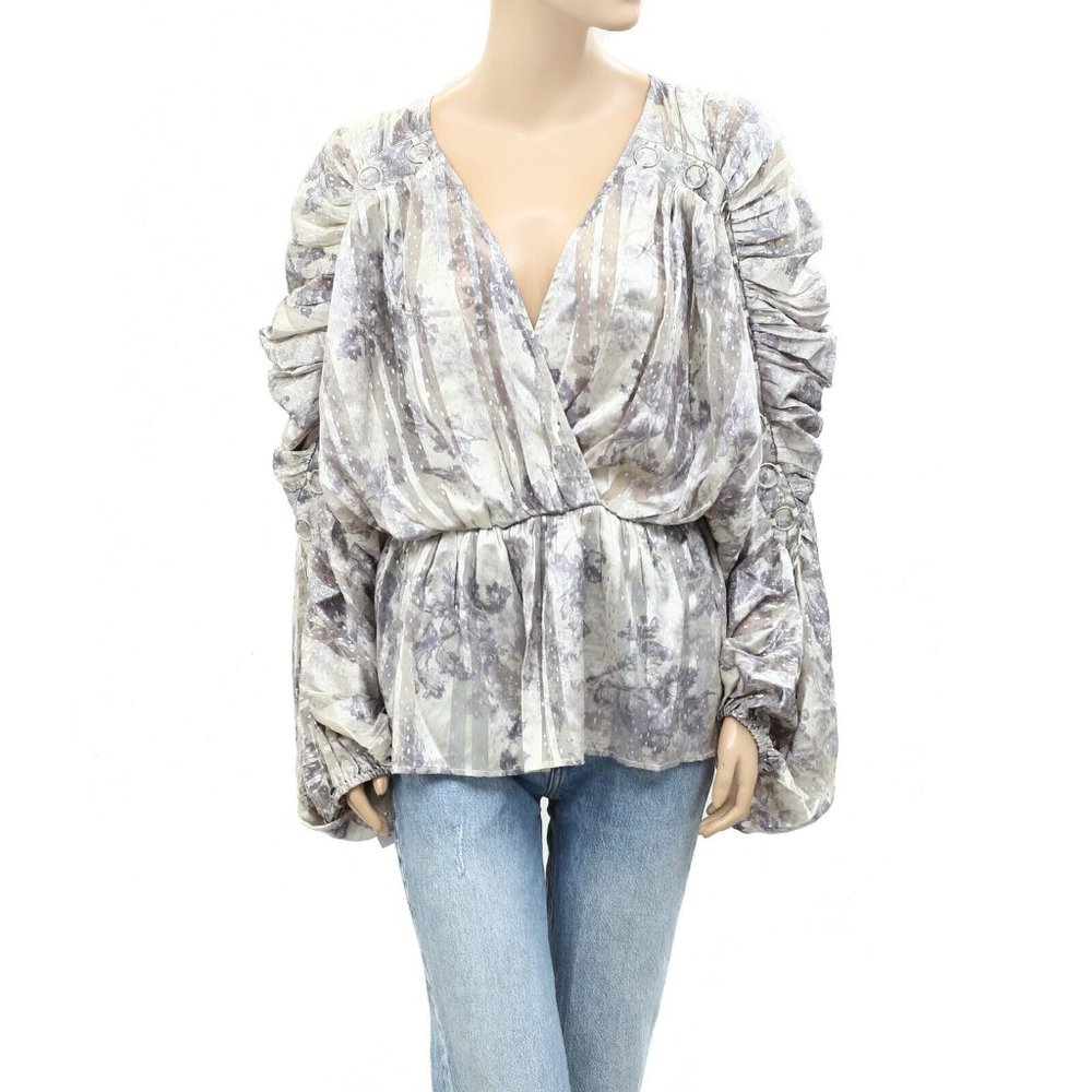 Asos Design Floral Printed Blouse Top Ruched Wrap Volume Sleeves S